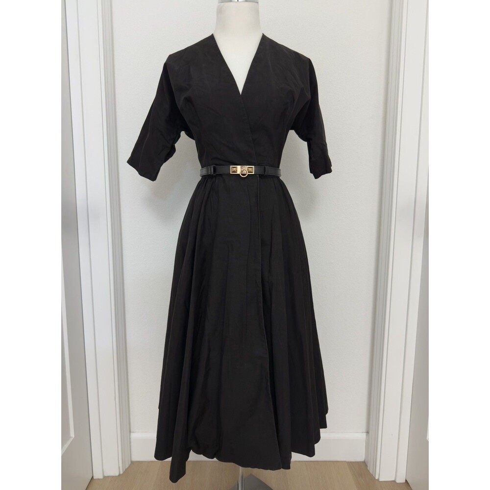 VTG 1950s Dress Town Black Cotton Poplin Fit Flare Dress XS 24" Waist Rockabilly